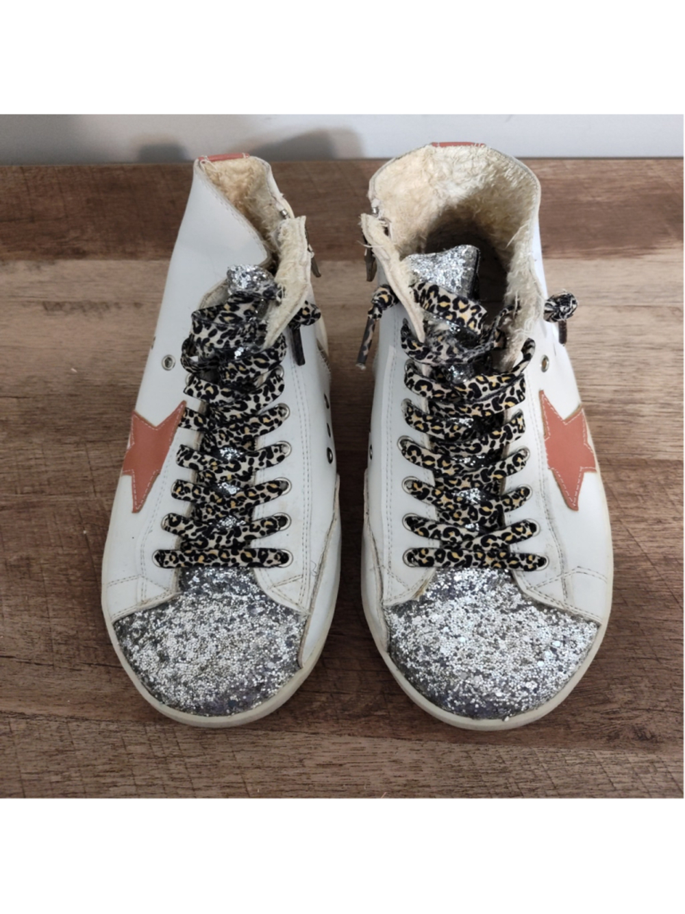 Women's Golden Goose White Brown Glitter Leopard Print High Top Sneakers 8.5